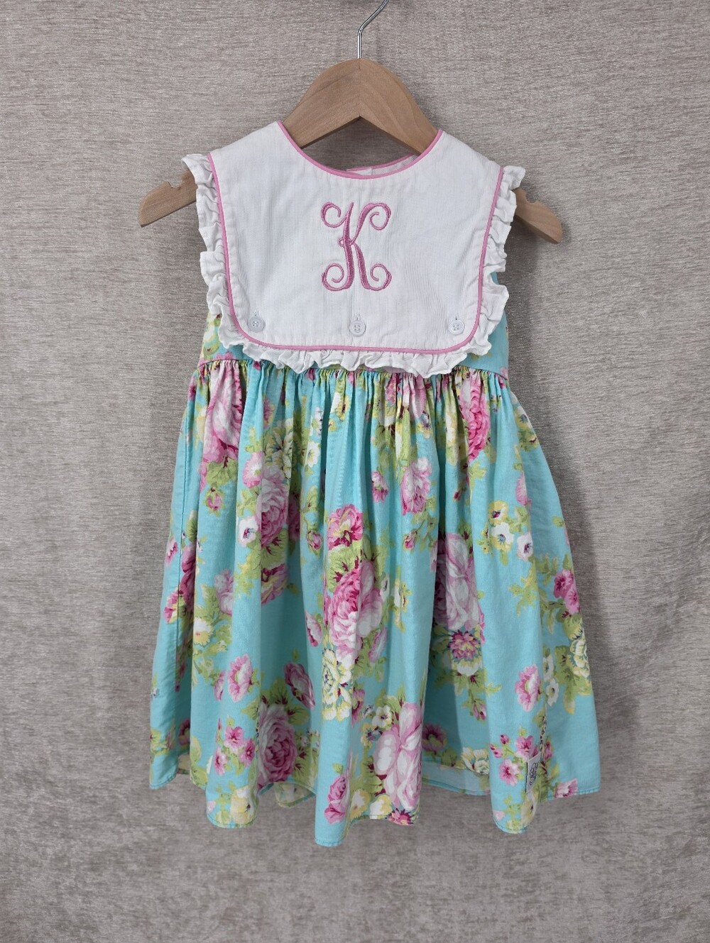 Darling Mae By Ricrac & Ruffles Girls Floral Bib Dress with Pink Monogram K